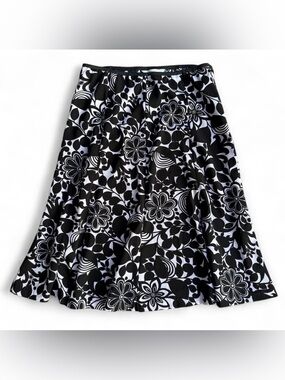 Black White Mod Retro Floral Midi Skirt - Central Falls Co. Made in USA - Size M